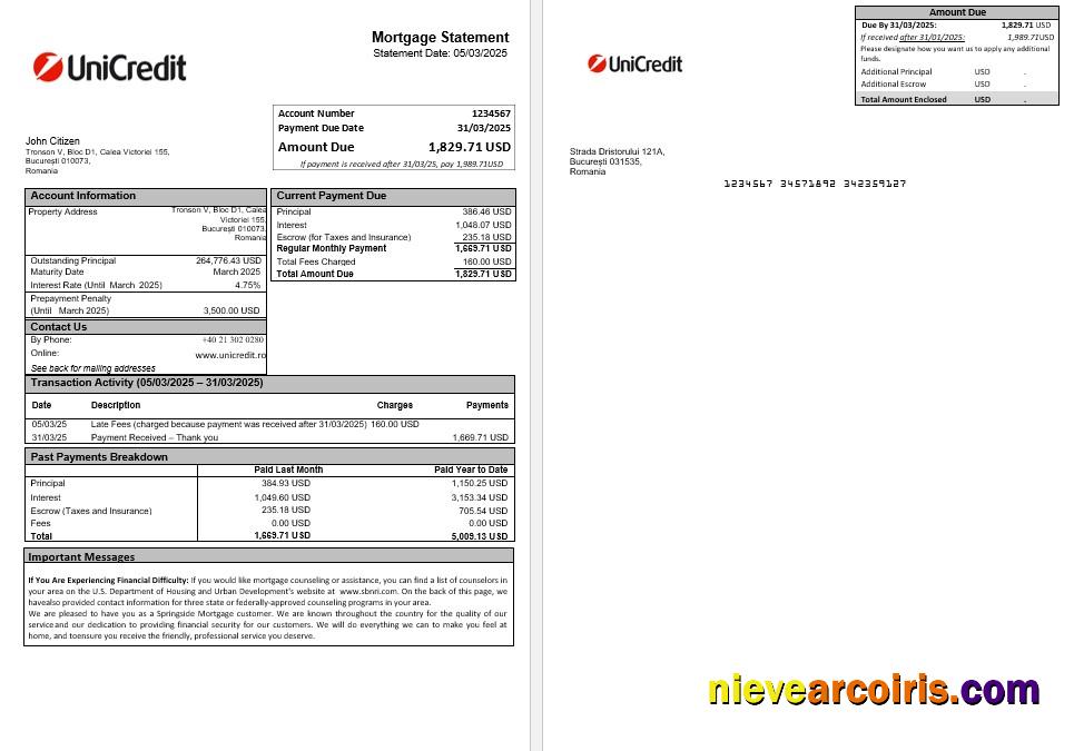 Romania Unicredit Bank Mortgage Statement In Word And PDF Formats Preview