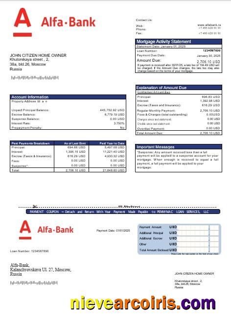 Russia Alfa Bank Mortgage Statement In Word And PDF Formats Sample