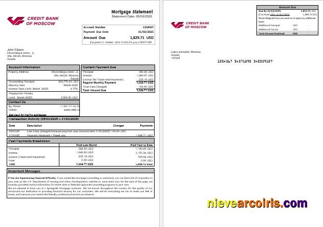 Russia Credit Bank Of Moscow Mortgage Statement In Word And PDF Formats Sample