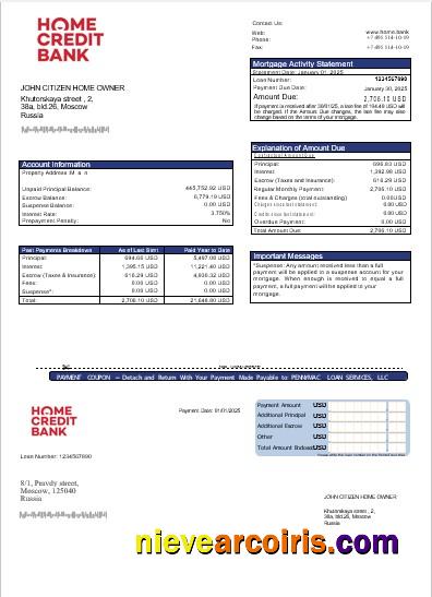 Russia Home Credit Bank Mortgage Statement In Word And PDF Formats Preview