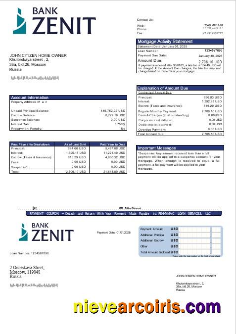 Russia Zenit Bank Mortgage Statement In Word And PDF Formats Sample