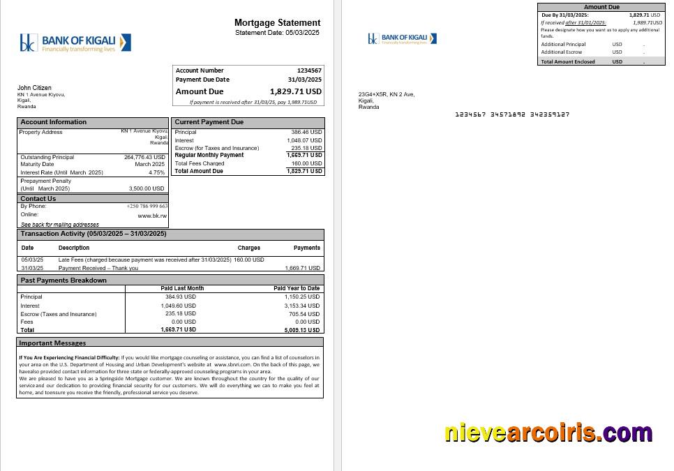 Rwanda Bank Of Kigali Mortgage Statement In Word And PDF Formats Template