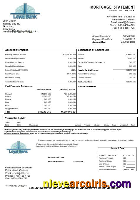 Saint Lucia Loyal Bank Mortgage Statement In Word And PDF Formats Photolook