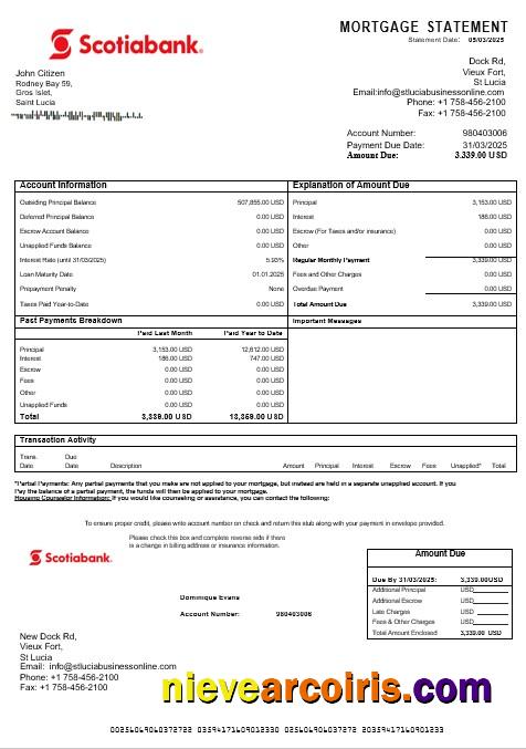 Saint Lucia Scotiabank Mortgage Statement In Word And PDF Formats Sample