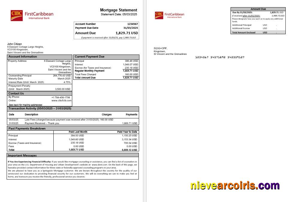Saint Vincent And The Grenadines First Caribbean International Bank Mortgage Statement In Word And PDF For Photolook