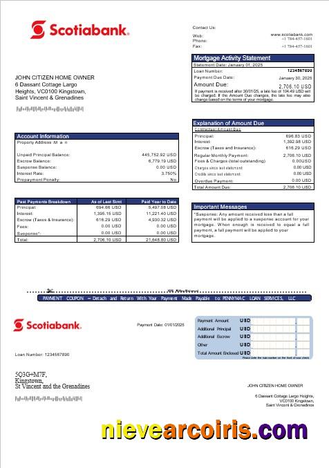 Saint Vincent And The Grenadines Scotiabank Mortgage Statement In Word And PDF Formats Preview