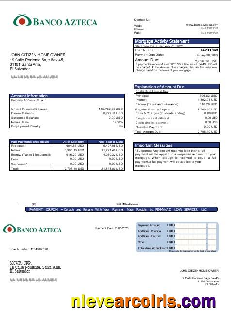 Salvador Banco Azteca Mortgage Statement In Word And PDF Formats Sample