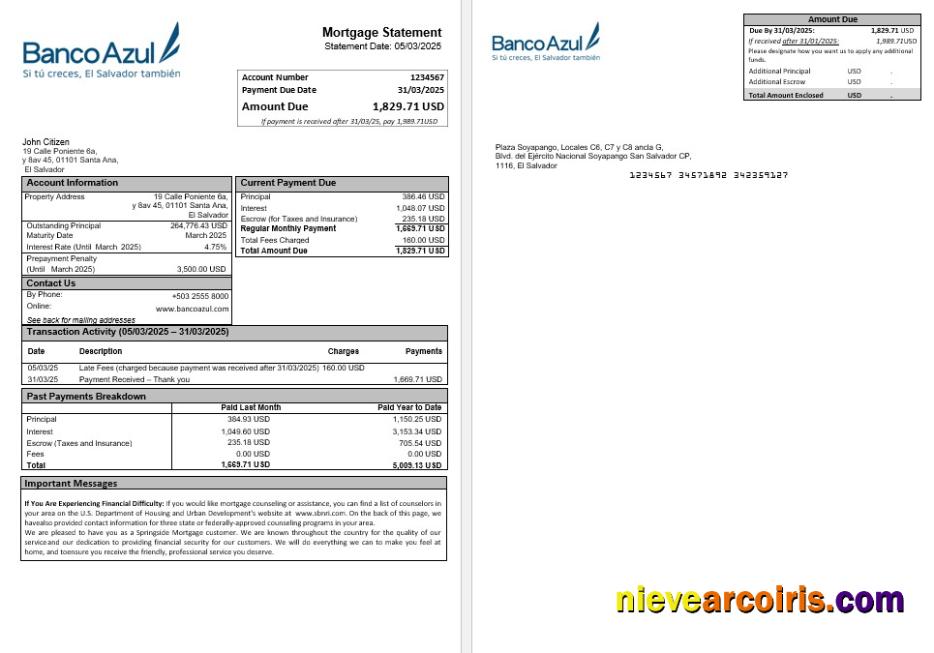 Salvador Banco Azul Mortgage Statement In Word And PDF Formats Preview