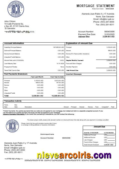 Salvador Banco Central De Reserva Mortgage Statement In Word And PDF Formats Template