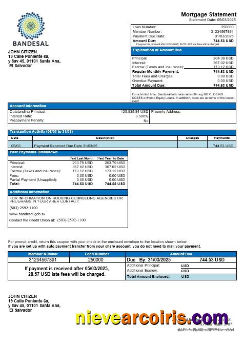 Salvador Bandesal Bank Mortgage Statement In Word And PDF Formats Sample