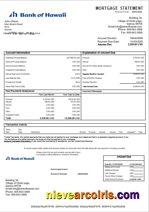 Samoa Bank Of Hawaii Mortgage Statement In Word And PDF Formats Sample