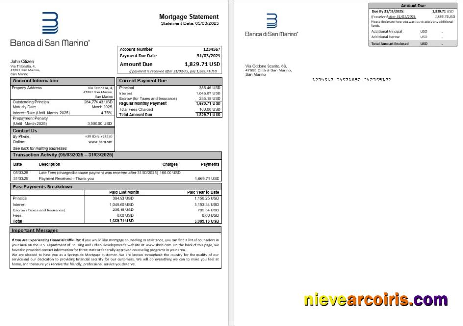 San Marino Banca Di San Marino Mortgage Statement In Word And PDF Formats Photolook