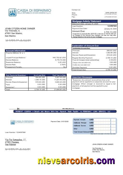 San Marino Cassa Di Risparmio Bank Mortgage Statement In Word And PDF Formats Sample
