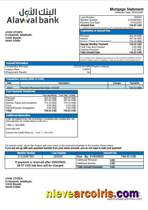 Saudi Arabia Alawwal Bank Mortgage Statement In Word And PDF Formats Sample