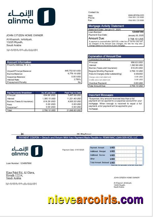 Saudi Arabia Alinma Bank Mortgage Statement In Word And PDF Formats Preview