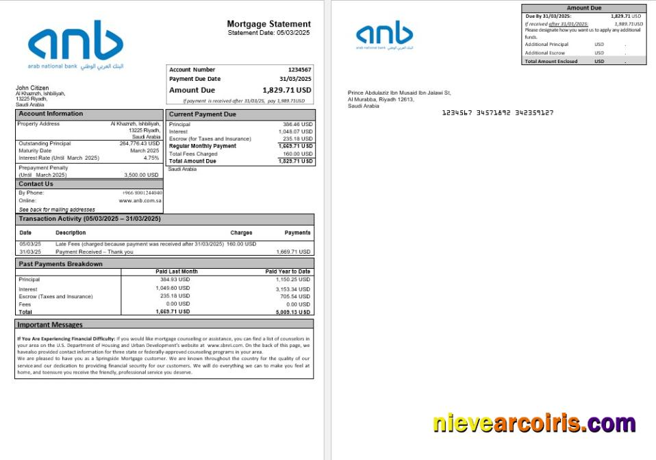 Saudi Arabia Arab National Bank ANB Mortgage Statement In Word And PDF Formats Template