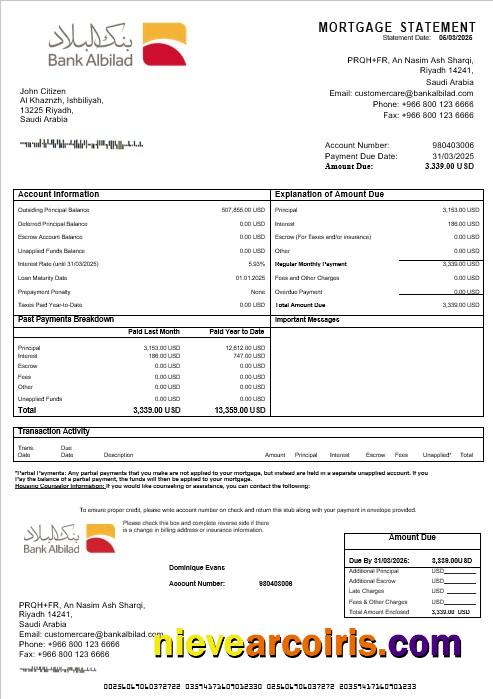 Saudi Arabia Bank Albilad Mortgage Statement In Word And PDF Formats Photolook