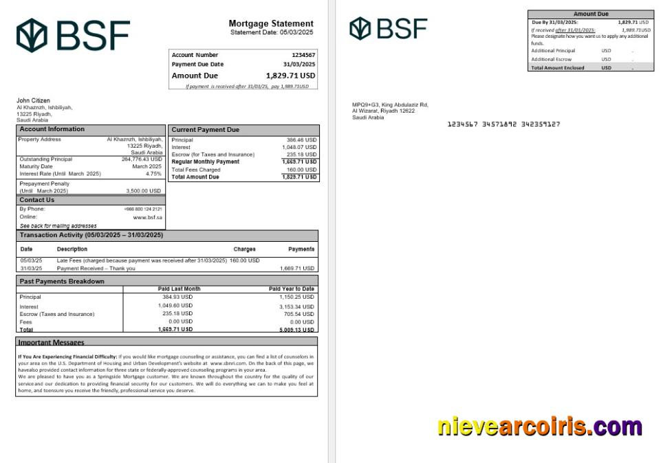 Saudi Arabia Banque Saudi Fransi Mortgage Statement In Word And PDF Formats Photolook