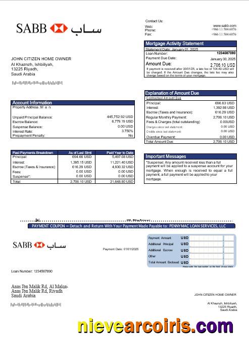 Saudi Arabia SABB Bank Mortgage Statement In Word And PDF Formats Preview