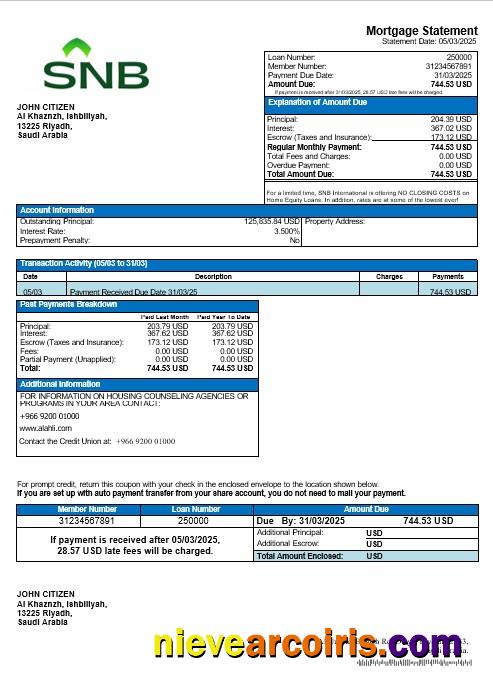 Saudi Arabia Saudi National Bank Mortgage Statement In Word And PDF Formats Preview