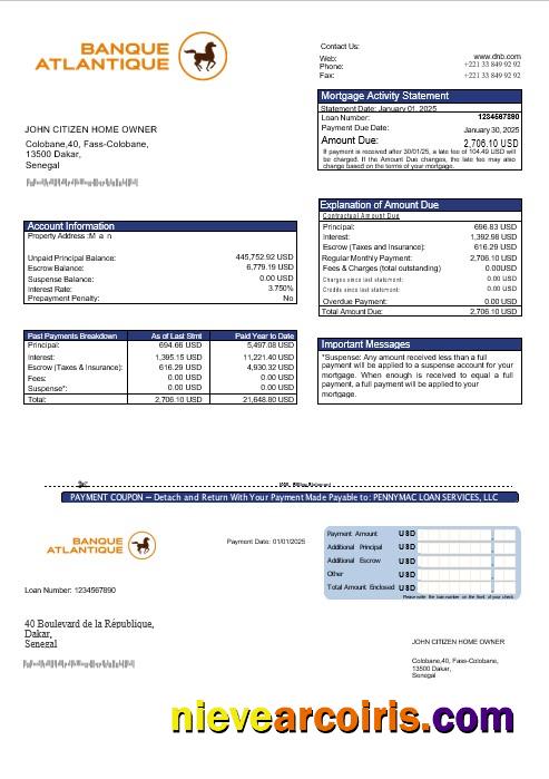 Senegal Banque Atlantique Mortgage Statement In Word And PDF Formats Template