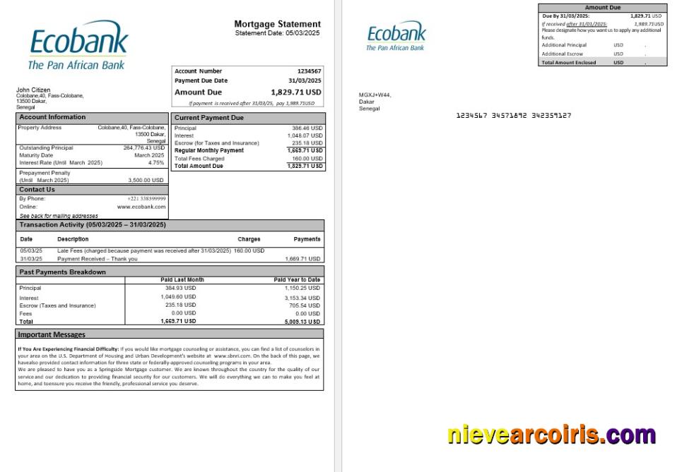 Senegal Ecobank Mortgage Statement In Word And PDF Formats Photolook