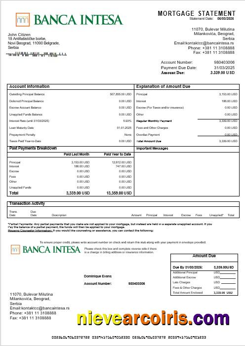 Serbia Banca Intesa Mortgage Statement In Word And PDF Formats Preview