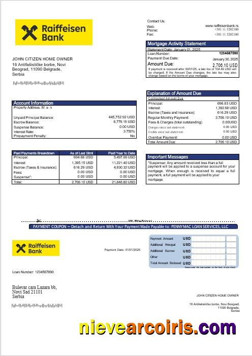 Serbia Raiffeisen Bank Mortgage Statement In Word And PDF Formats Preview