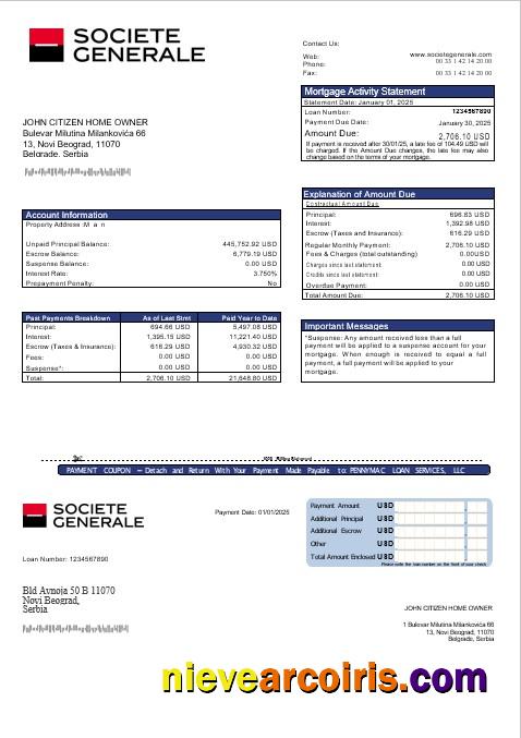 Serbia Societe Generale Bank Mortgage Statement In Word And PDF Formats Template