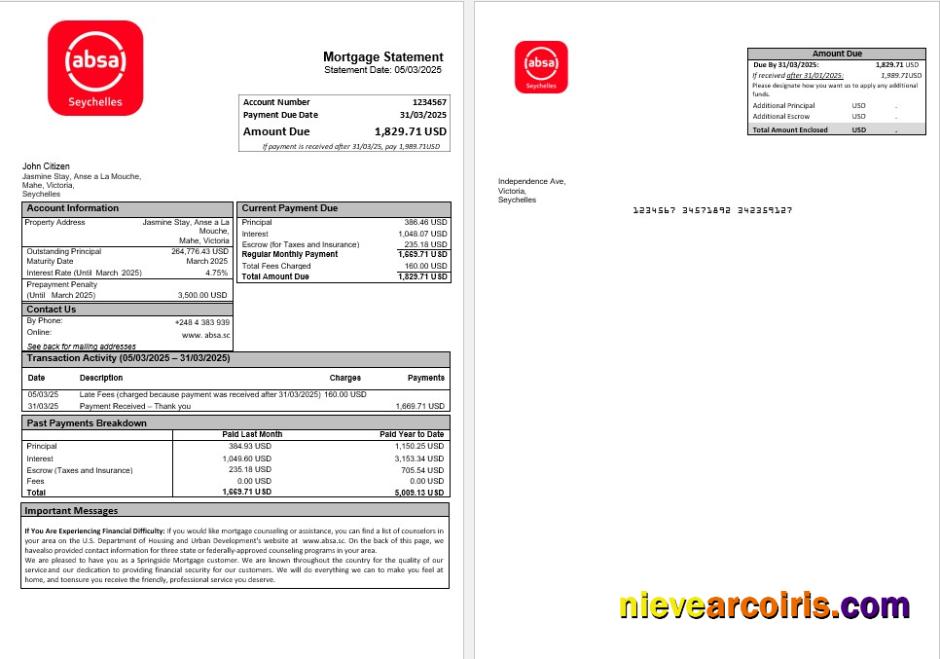 Seychelles ABSA Bank Mortgage Statement In Word And PDF Formats Preview
