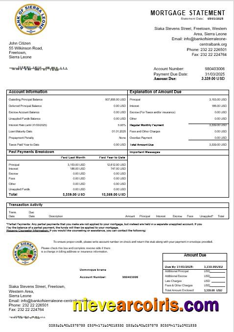 Sierra Leone Bank Of Sierra Leone Bank Mortgage Statement In Word And PDF Formats Template