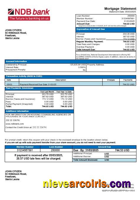 Sierra Leone National Development Bank Mortgage Statement In Word And PDF Formats Template