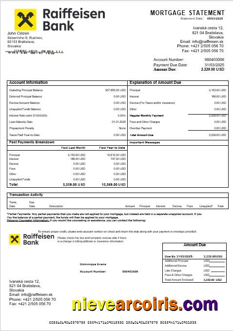 Slovakia Raiffeisen Bank Mortgage Statement In Word And PDF Formats Sample