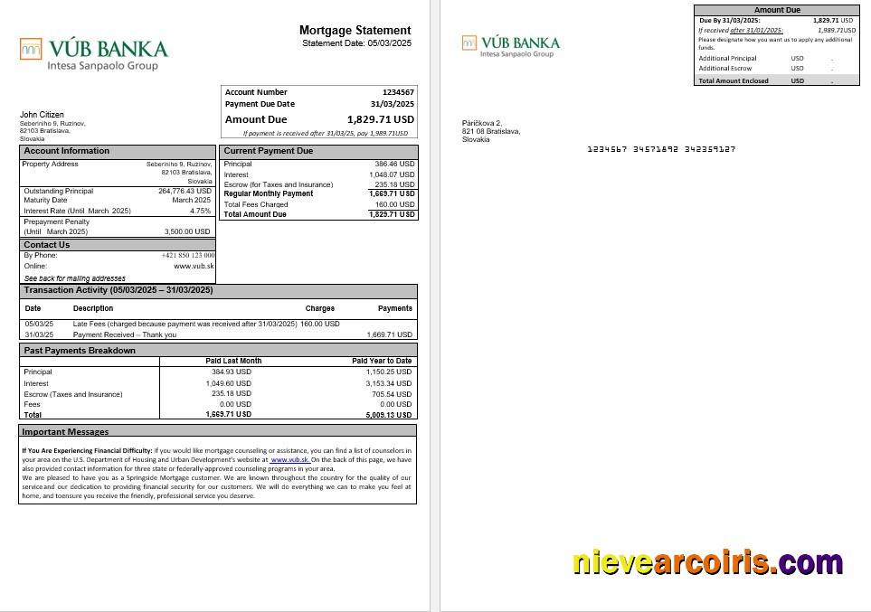 Slovakia VUB Bank Mortgage Statement In Word And PDF Formats Photolook