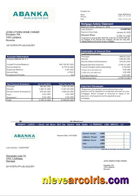 Slovenia Abanka Bank Mortgage Statement In Word And PDF Formats Preview