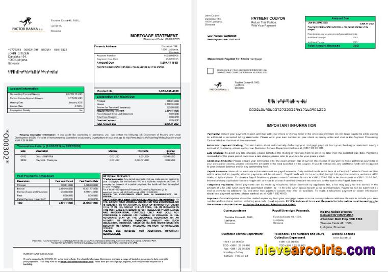 Slovenia Factor Banka Mortgage Statement In Word And PDF Formats Preview