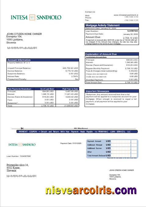 Slovenia Intesa Sanpaolo Bank Mortgage Statement In Word And PDF Formats Sample