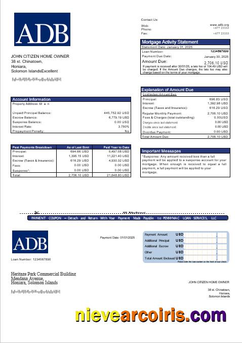 Solomon Islands ADB Bank Mortgage Statement In Word And PDF Formats Template