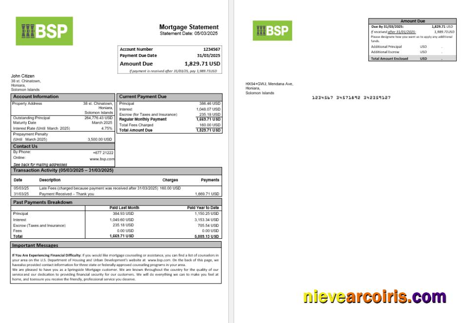 Solomon Islands BSP Bank Mortgage Statement In Word And PDF Formats Photolook