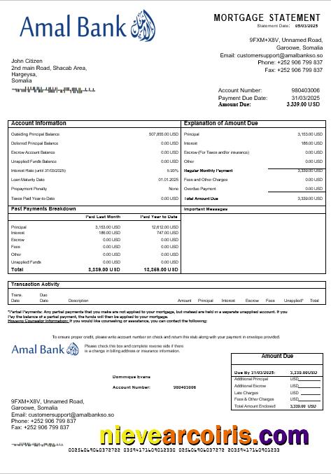 Somalia Amal Bank Mortgage Statement In Word And PDF Formats Template