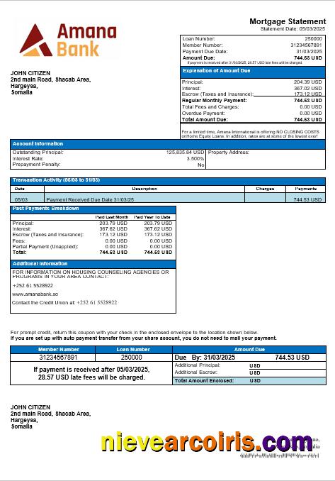 Somalia Amana Bank Mortgage Statement In Word And PDF Formats Sample