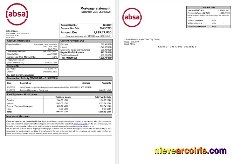 South Africa ABSA Bank Mortgage Statement In Word And PDF Formats Template