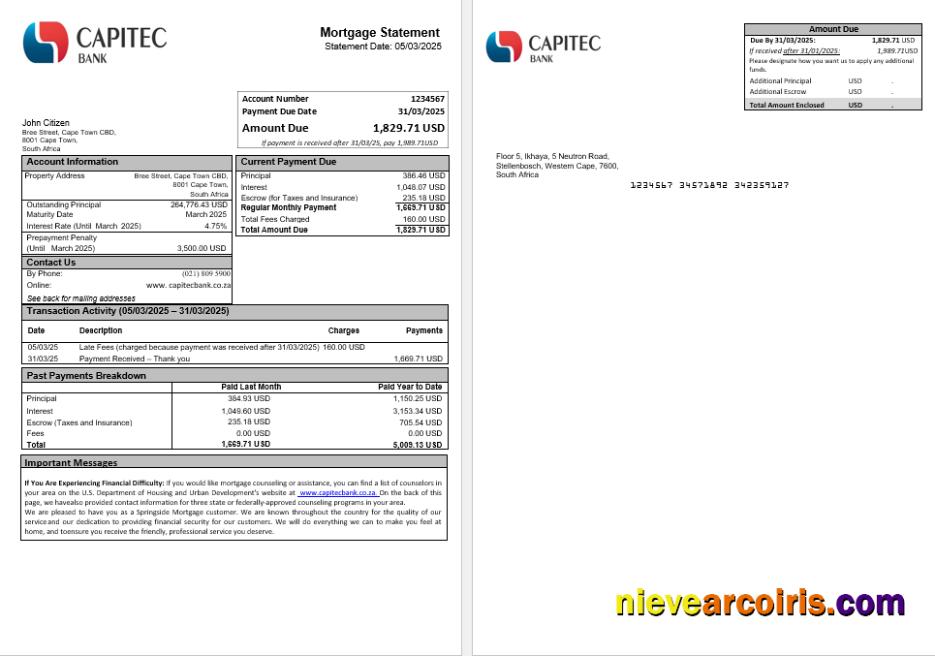 South Africa Capitec Bank Mortgage Statement In Word And PDF Formats Sample