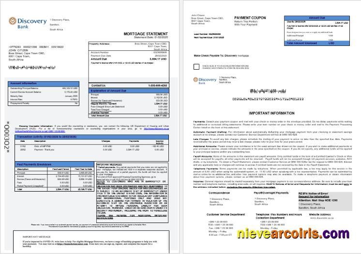 South Africa Discovery Bank Mortgage Statement In Word And PDF Formats 1 2 Sample