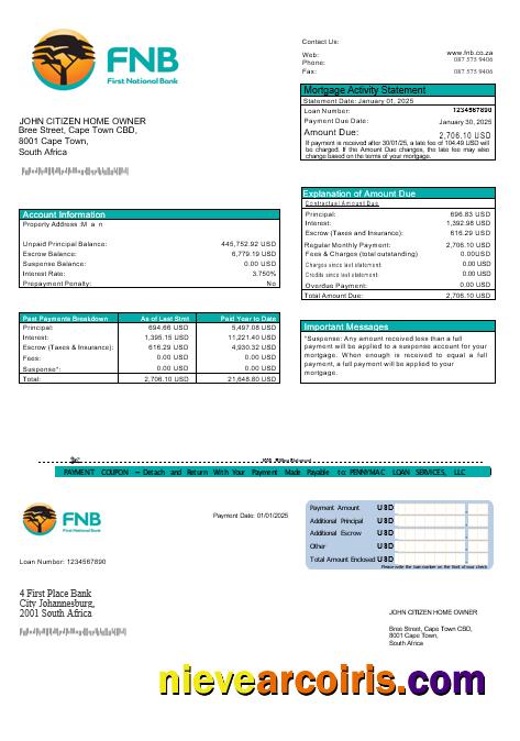 South Africa First National Bank (FNB) Mortgage Statement In Word And PDF Formats Photolook
