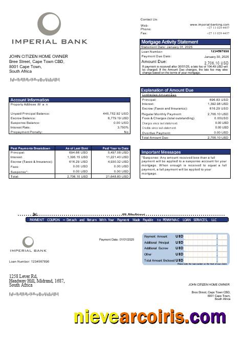 South Africa Imperial Bank Mortgage Statement In Word And PDF Formats Template