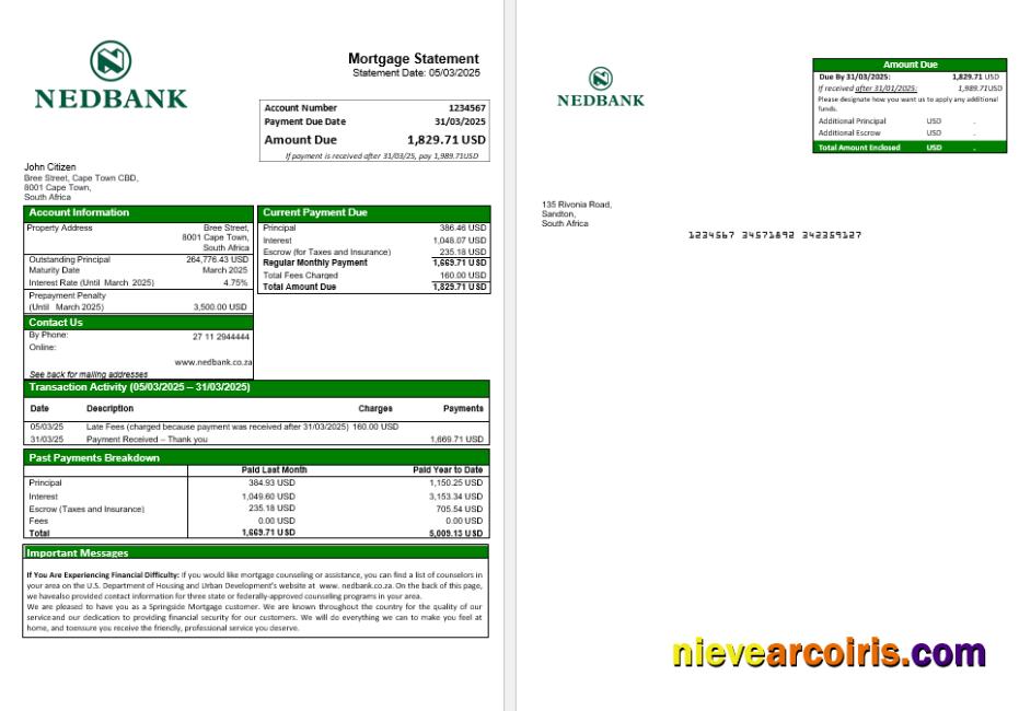 South Africa Nedbank Mortgage Statement In Word And PDF Formats Sample