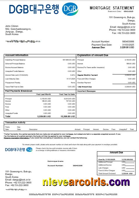 South Korea Daegu Bank Mortgage Statement In Word And PDF Formats Template