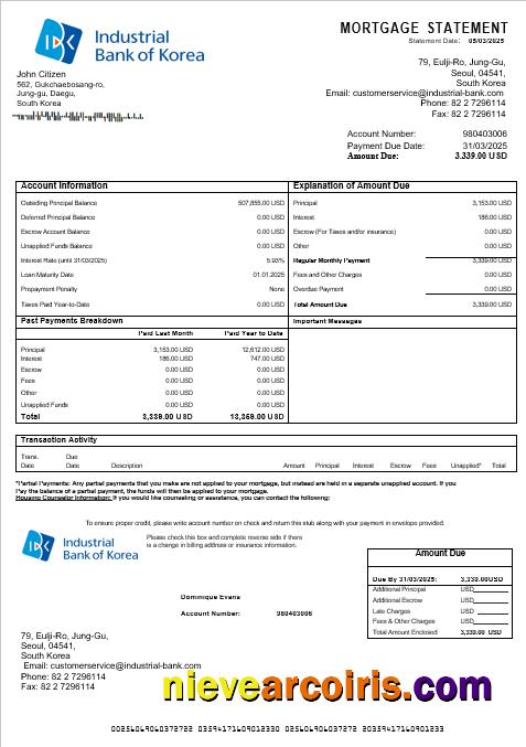 South Korea Industrial Bank Mortgage Statement In Word And PDF Formats Sample