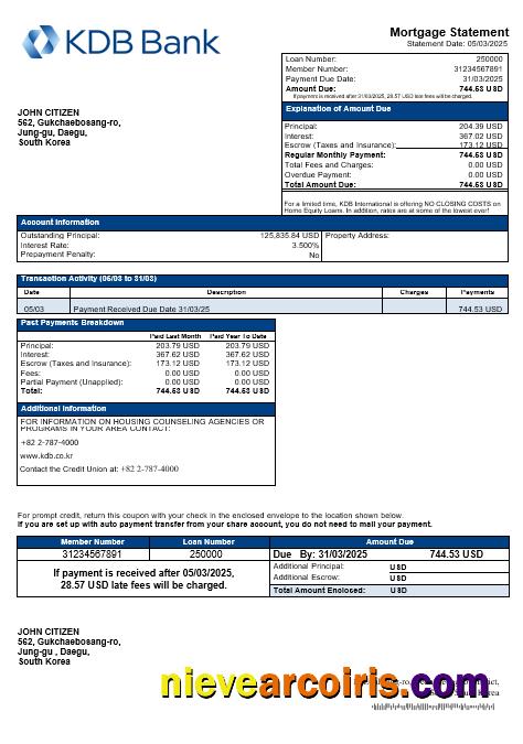 South Korea KDB Bank Mortgage Statement In Word And PDF Formats Template